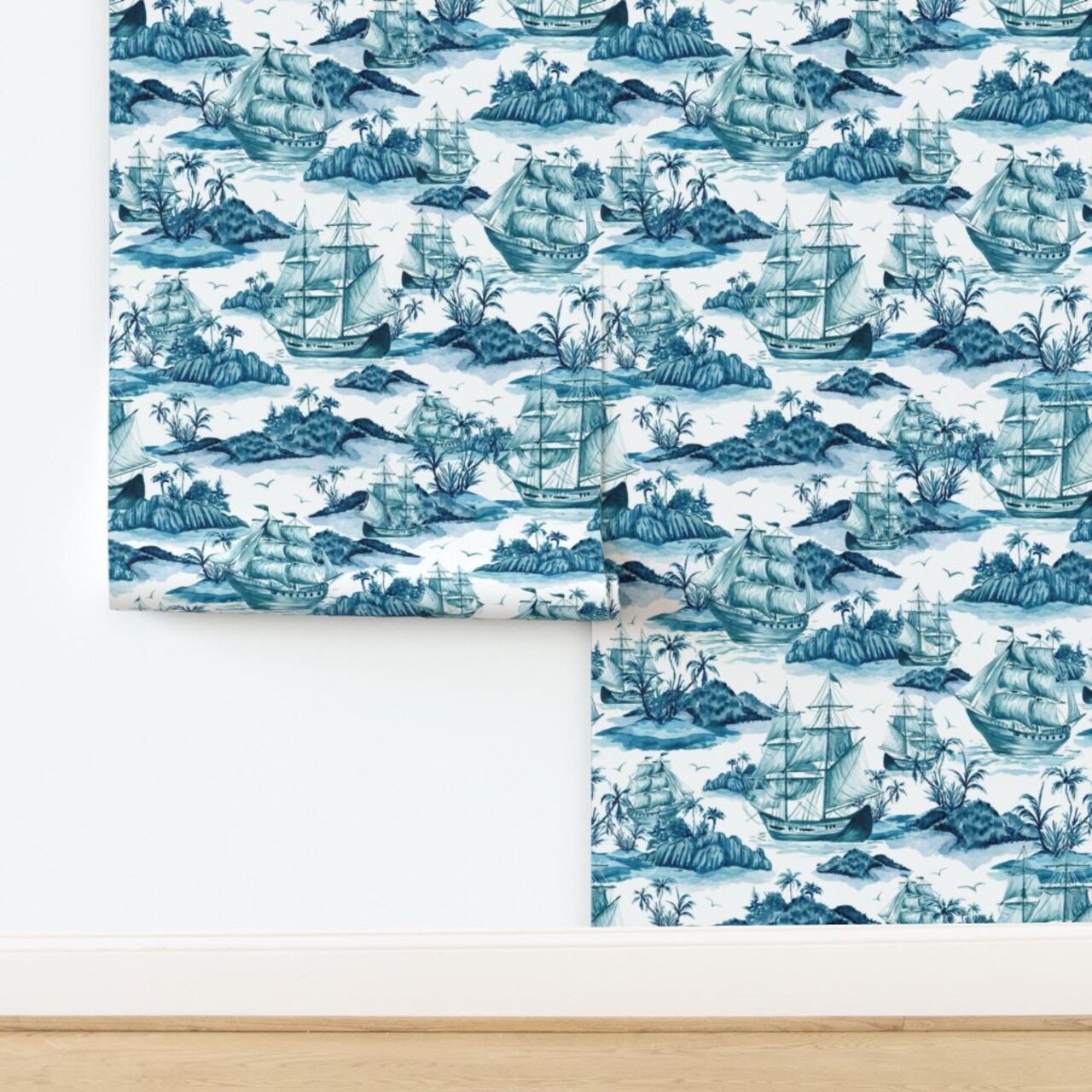 Toile Monochromatic Tropical Novelty Ship Island Palm Trees De Jouy Custom Removable Wallpaper by Spoonflower Peel & Stick Wallpaper 2FT Wide
